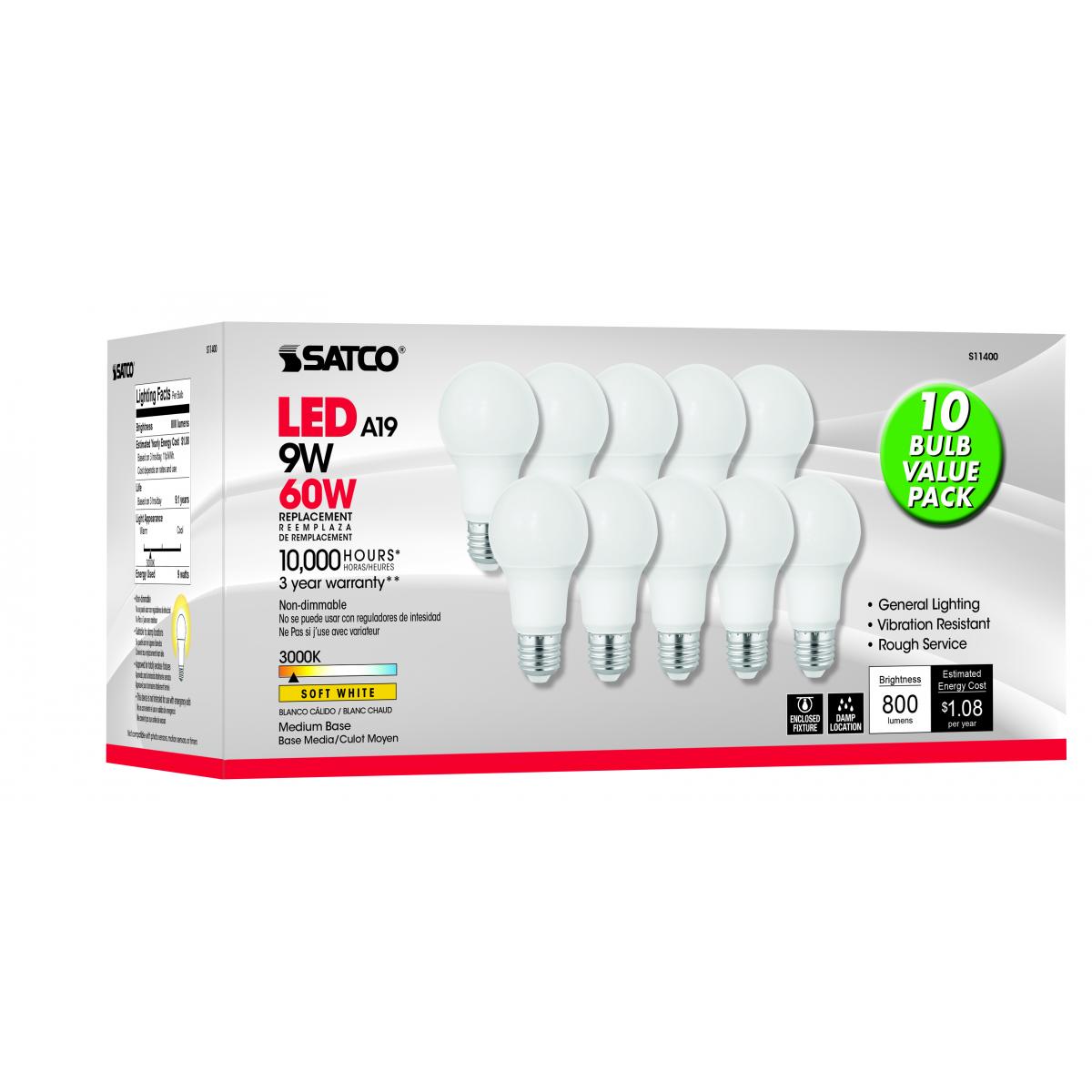 9W LED A19 Medium Base - 10 Pack
